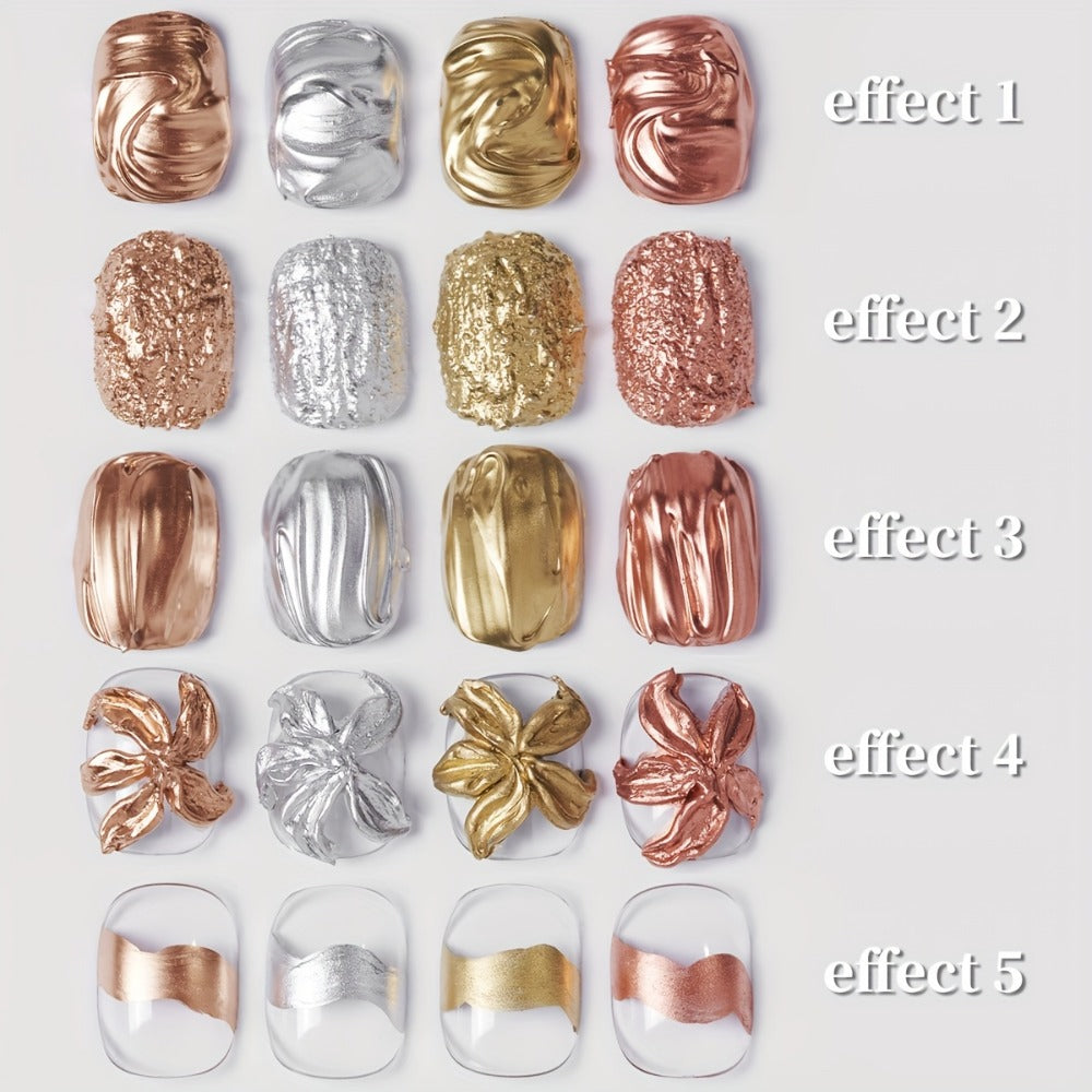 XEIJAYI 2025 New Arrival Nail Art Gel, 4pcs Set, Golden Silvery Metal Finish, High Saturation, No Wipe, Long Lasting, Alcohol Free, Blooming Gel, DIY Nail Art Design for Salon, Nail Art, DIY