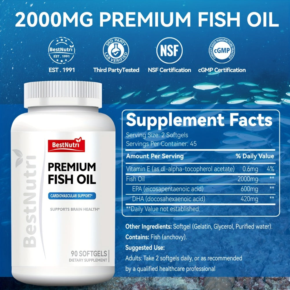 Omega-3 Fish Oil - 2000mg Per Serving, EPA & DHA for Brain Vitality & Heart Health, Cold - Extracted, CGMP, Suitable for Young Adults & Adults - Omega-3 PRO (60 Sgels); Omega-3 PRO (90 Sgels); New Upgrade (60 Sgels); New Upgrade (90 Sgels)