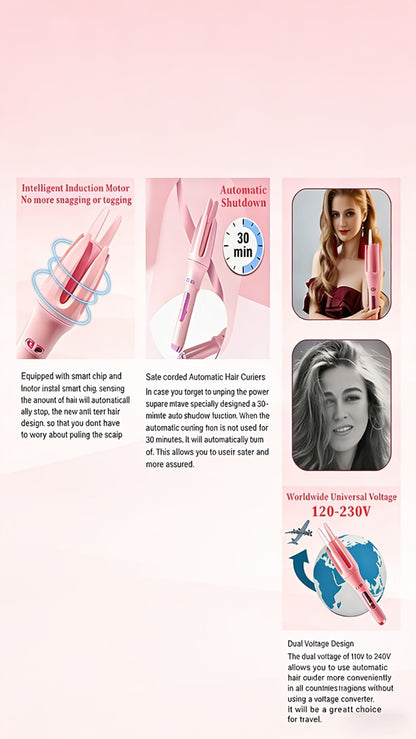 Automatic Rotating Curling Iron 4 Temperature Settings Negative Ion Ceramic Barrel Anti-Tangle Auto Shut-Off Dual Voltage 110-240V Fast Heat 30s Beginner-Friendly Gift for Women