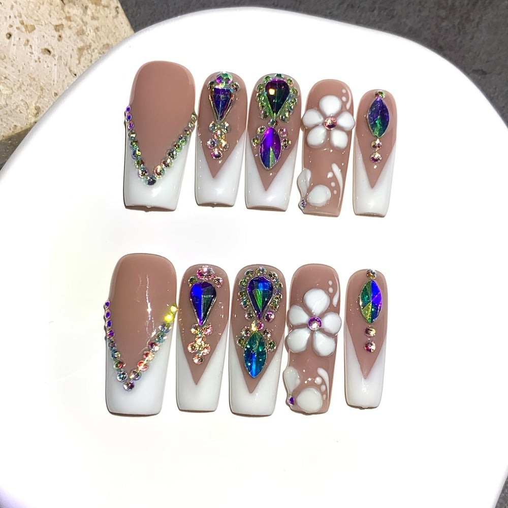 10pcs Luxury Press-On Nails Set, 1.18inch Square French Tip with AB Rhinestones And Handcrafted Floral Design, Glossy End, Nude And White, Perfect for Weddings, Parties, Valentine'S Day, Birthdays, Christmas Gifts