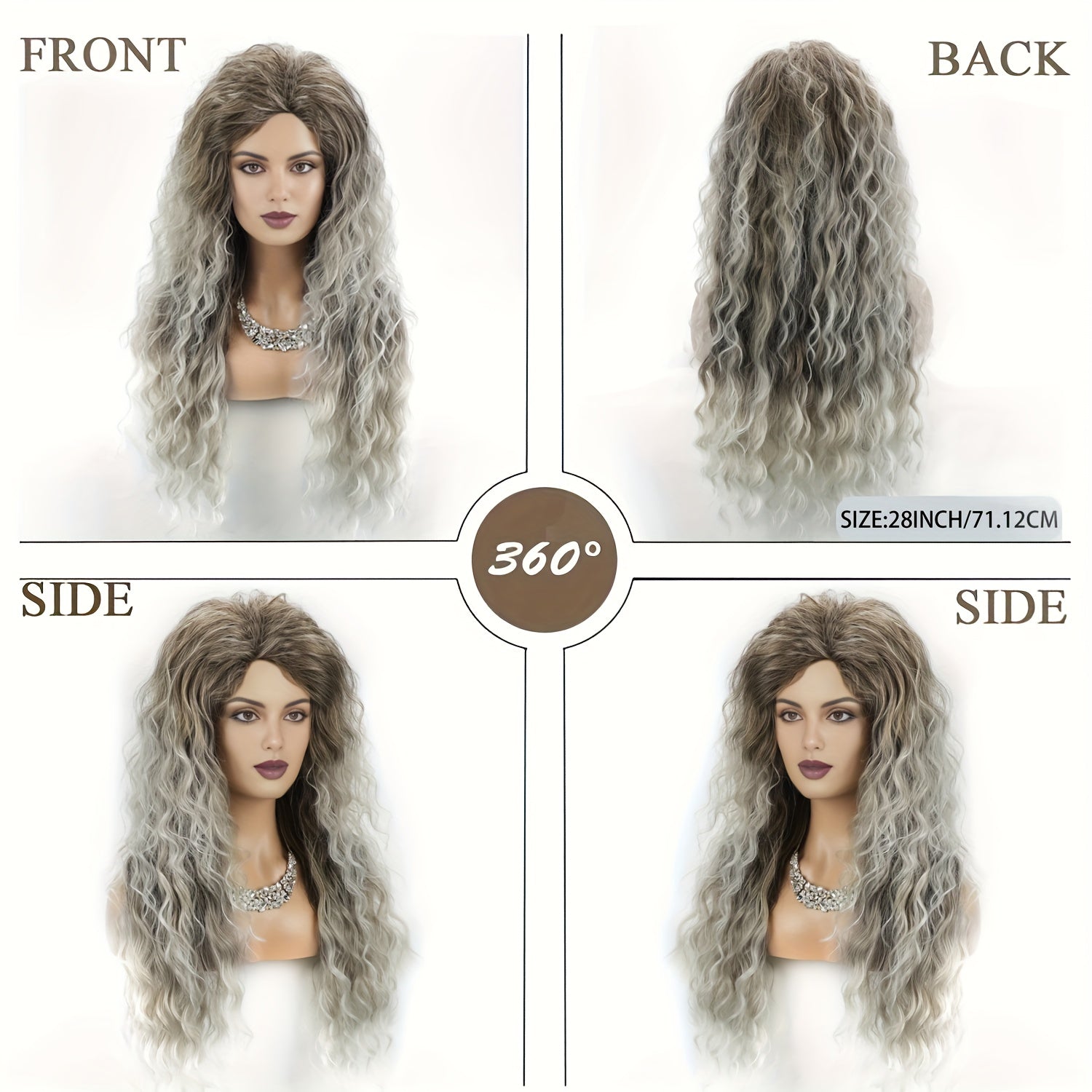 Ombre Ash Blonde Brown Curly Wig Long Wavy Middle Part Natural Looking Dark Roots Synthetic Wigs for Women 80s Halloween Carnival Party Wig Costume Party Or Daily Use 28 Inches