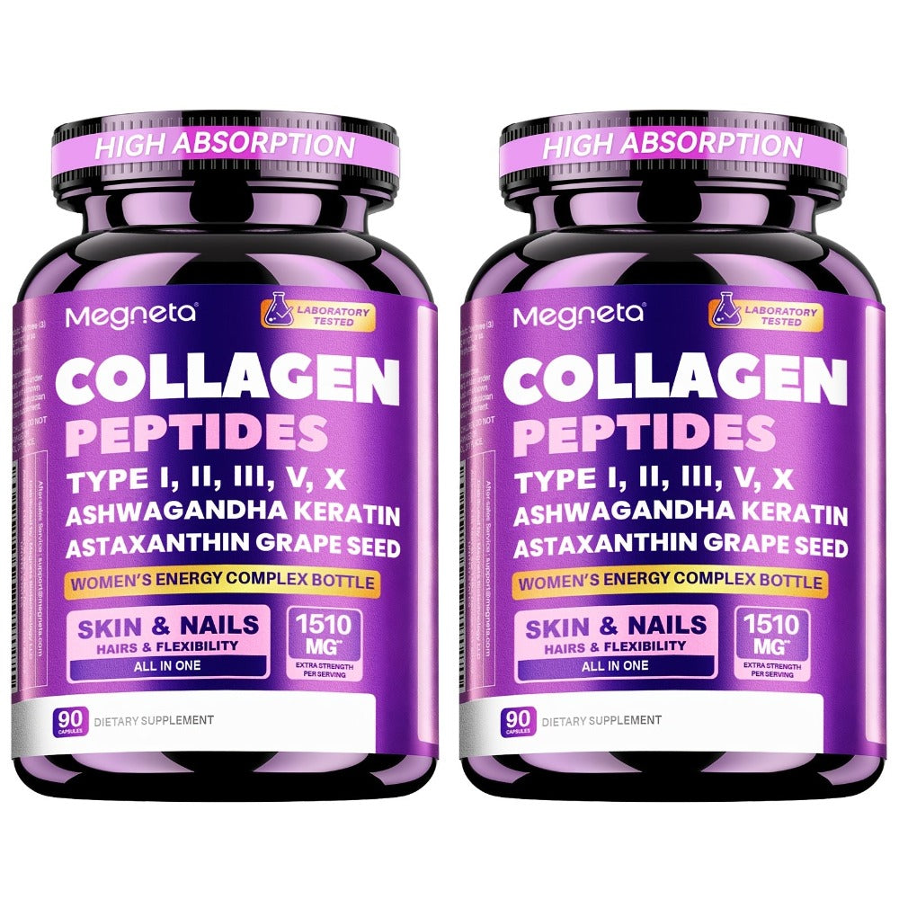 Collagen Powder Capsules - Type I, II, III, V, X with Vitamin C, Hyaluronic Acid & Biotin | for Skin Hydration & Elasticity, Hair & Nail | for Men & Women, 3-Party Tested, 90 Capsules