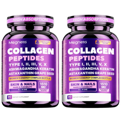 Collagen Capsules Type I II III V X with Vitamin C, Hyaluronic Acid & Biotin - Skin Hydration, Elasticity, Hair & Nail Support Supplement for Men & Women - 3rd Party Tested, 90 Capsules