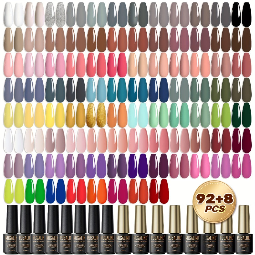 ROSALIND 100pcs Gel Nail Polish Set-92pcs Colorful Soak Off Gel Polsih with 8 Bottle Gel Base Top Coat Matt Top Coat Gel Nail Polish for All Season Nail Art Salon Gift Or Home