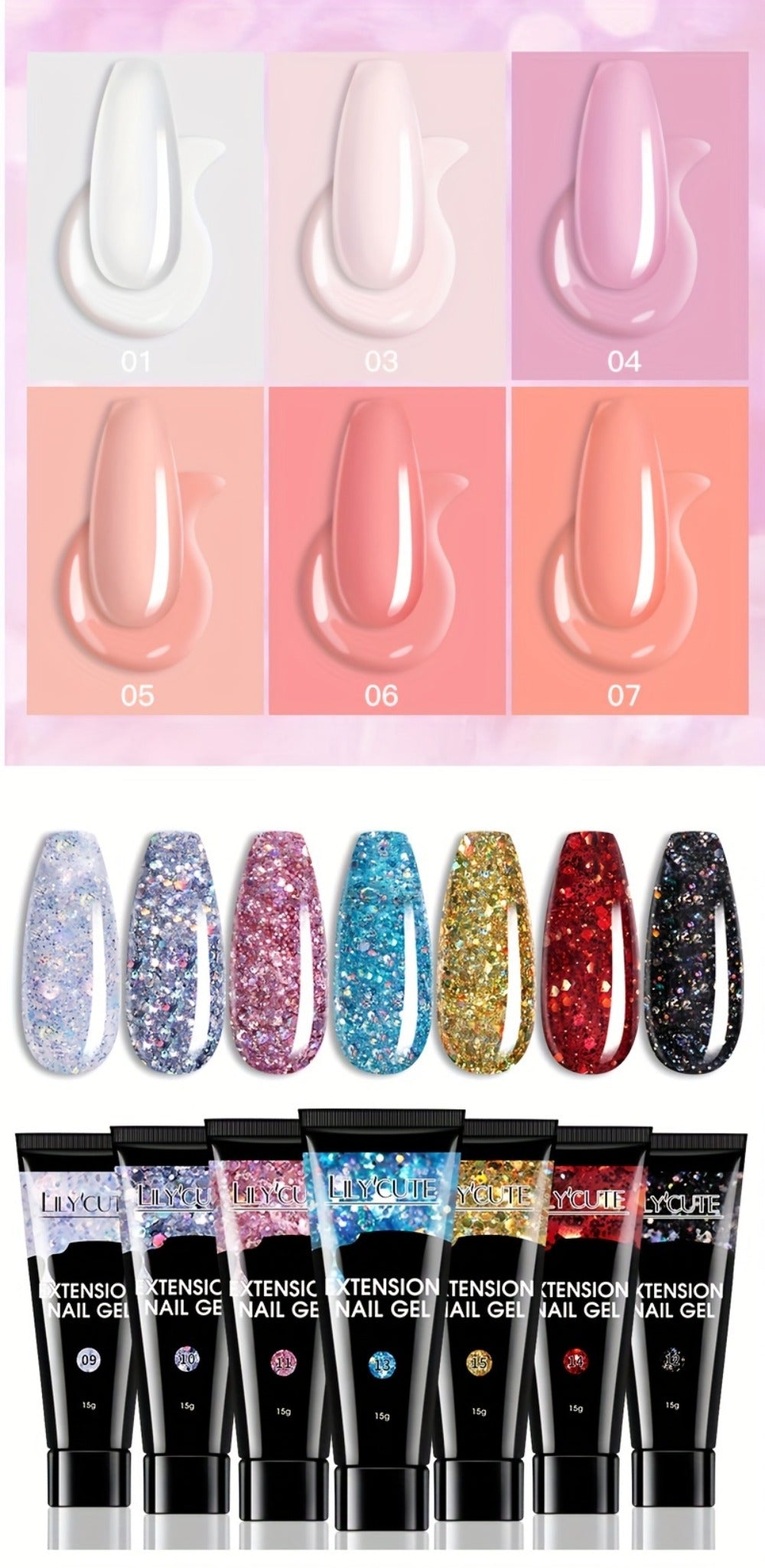 Nail Extension Gel Quick Builder White Nude Pink Crystal Acrylic UV LED Nail Construction Kit for Salon & Home Manicure 0.51oz 15g