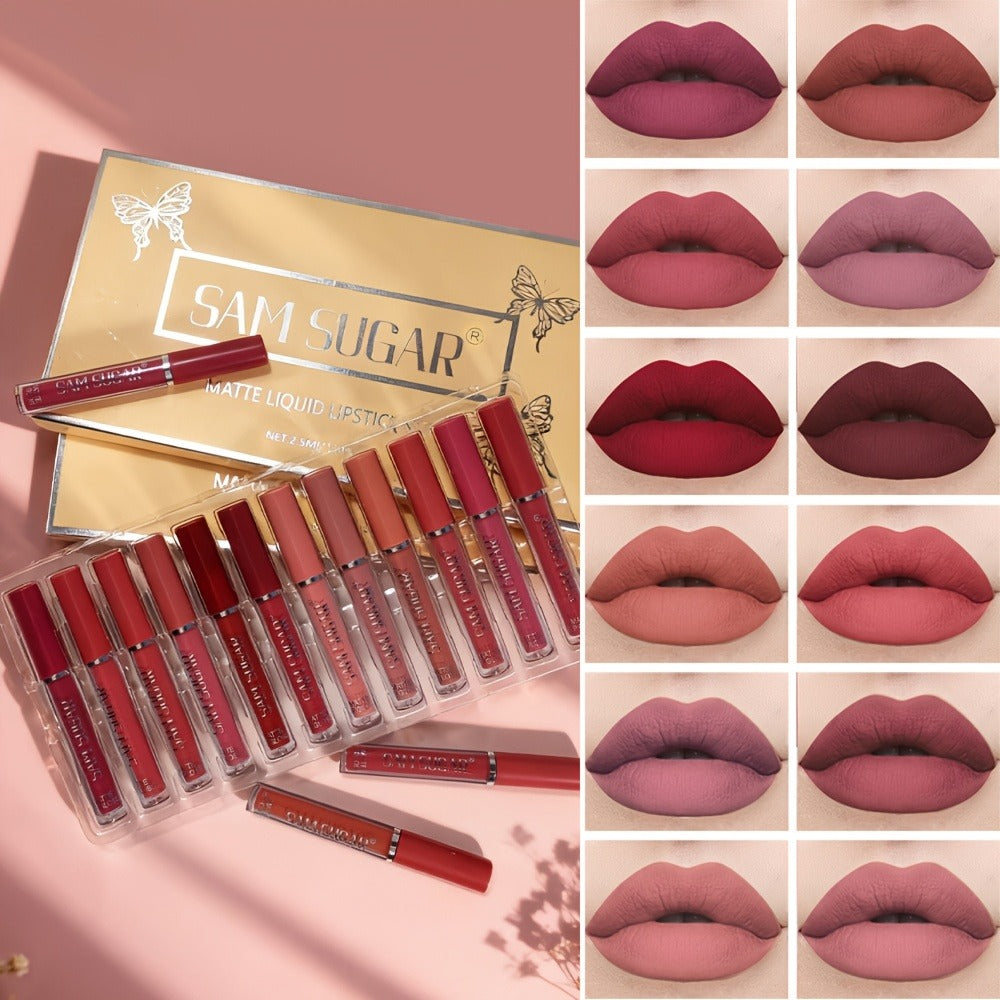Matte Lip Gloss Set 12 Pieces Long Lasting Waterproof Liquid Lipstick No Spillage Sweat-Proof Color-Resistant Lip Makeup Gift Set