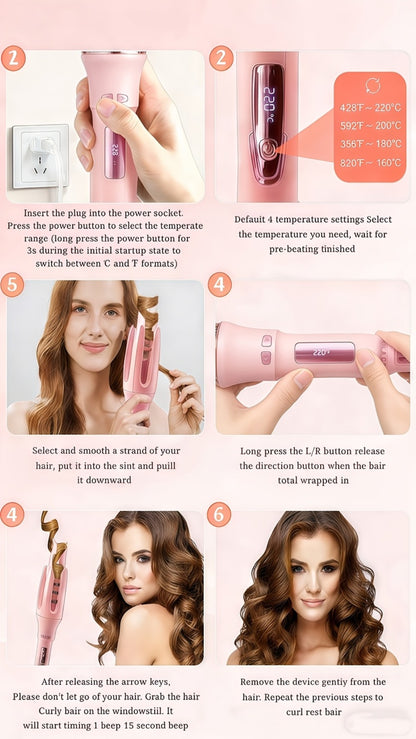 Automatic Rotating Curling Iron 4 Temperature Settings Negative Ion Ceramic Barrel Anti-Tangle Auto Shut-Off Dual Voltage 110-240V Fast Heat 30s Beginner-Friendly Gift for Women