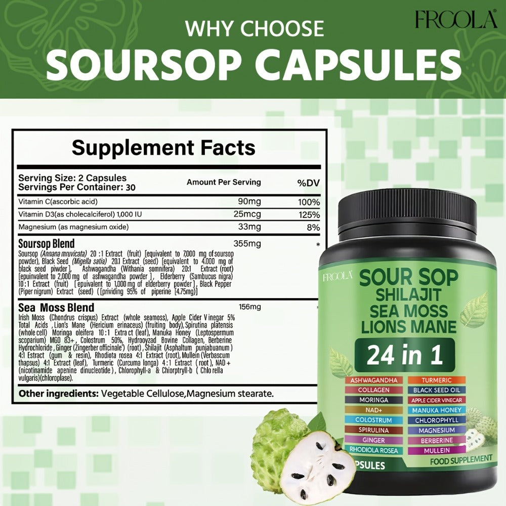 Soursop, Shilajit, Sea Moss, Lions Mane 24in 1Capsule - 2238mg Supports Intestinal Health, Provides Antioxidant Benefits for Man And Woman - 60 Count