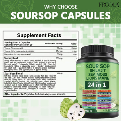 Sea Moss & Soursop Capsules 24-in-1 Superfood Blend with Shilajit, Lion's Mane & Soursop | 2238mg Gut Health & Antioxidant Support Supplement for Men & Women | 60 / 120 Count