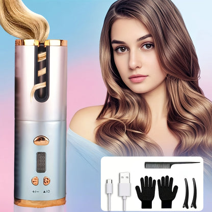 Automatic Hair Curler Cordless USB Rechargeable – Rotating Curling Iron with 6 Heat Settings, LCD Display, Auto Shut-Off, Storage Bag & Hair Clips Included