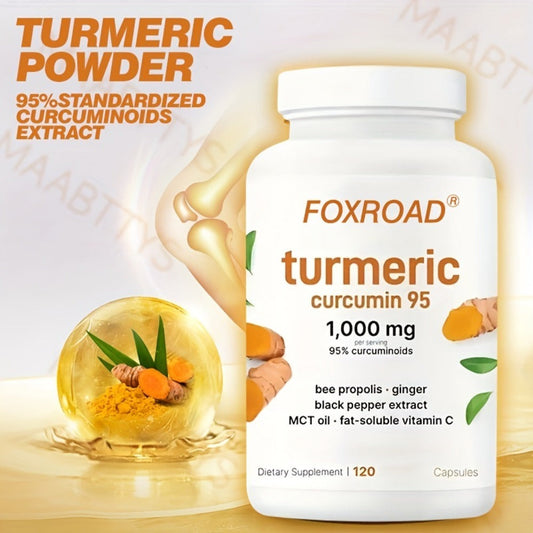 Capsules Containing Turmeric in a 6-In-1 Formula, Providing a 120-Day Supply with 120 Capsules, Featuring 95% Natural Active Curcumin, Abundant in Vitamin C And Probiotics! A Must-Have for Every Home And an Ideal Present!