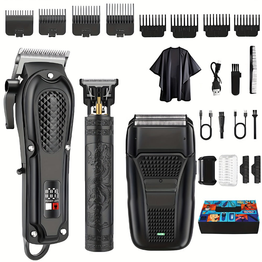 Golden Hair Cutting 1/3pcs Set, Men'S Grooming Kit. USB Rechargeable, LCD Display. Includes 1 Black And Golden Professional Hair Clipper + 1 Golden Men'S Razor + 1 Golden T-Blade Trimmer + 8 Guide Combs + 3 Cleaning Brushes + 1 Comb