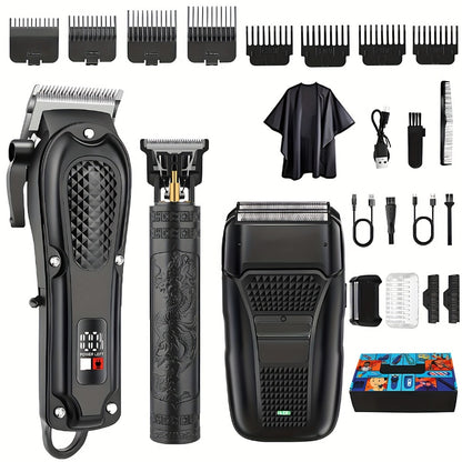 Men's Grooming Kit Hair Clipper Set USB Rechargeable LCD Display - Professional Hair Clipper Razor T-Blade Trimmer 8 Guide Combs Apron Gold & Black Complete Barber Kit