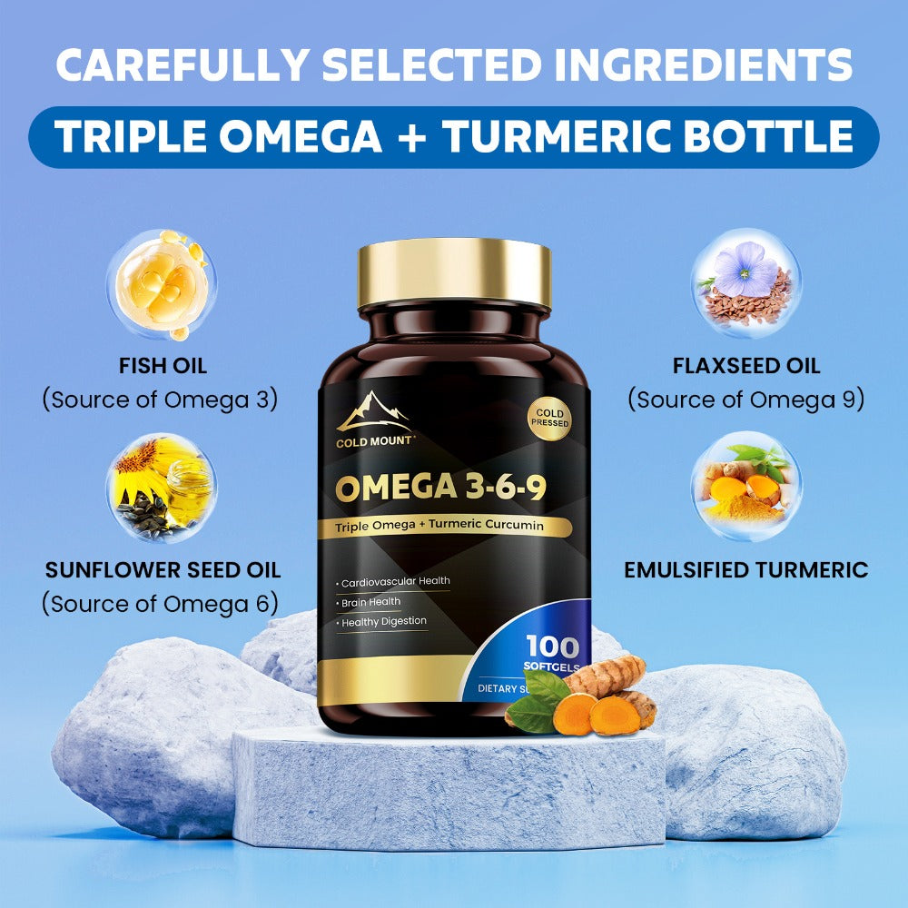 [Omega 3] COLD MOUNT Omega 3, 6, 9 Supplement | 100 Softgel, 50-Day Supply | with Flaxseed, Sunflower Seed Oil, Fish Oil & Turmeric | Hypoallergenic | for Cardiovascular, Liver, Brain, Muscle, Skin, Emotional Health