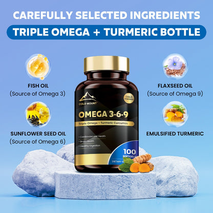 Omega 3 6 9 Supplement Softgels with Flaxseed, Fish Oil & Turmeric – Hypoallergenic Heart, Brain, Liver & Skin Support for Women & Men | 100 Softgels 50-Day Supply