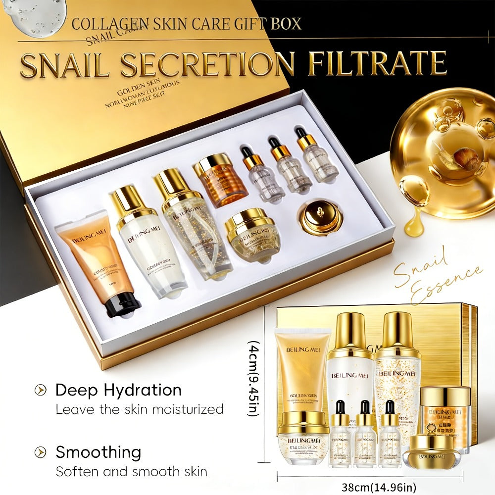 9pcs Golden Luxury Skincare Set, Contains Niacinamide & Collagen for Moisturizing & Firming Face, Choice for Women's Daily Facial Care Premium Gift Kit, Birthday, Holiday Gifts