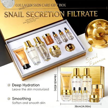 Skincare Gift Set 9pcs — Golden Luxury Kit with Niacinamide, Collagen & Hyaluronic Acid | Moisturizing & Firming Daily Facial Care for Women | Premium Birthday & Holiday Gift