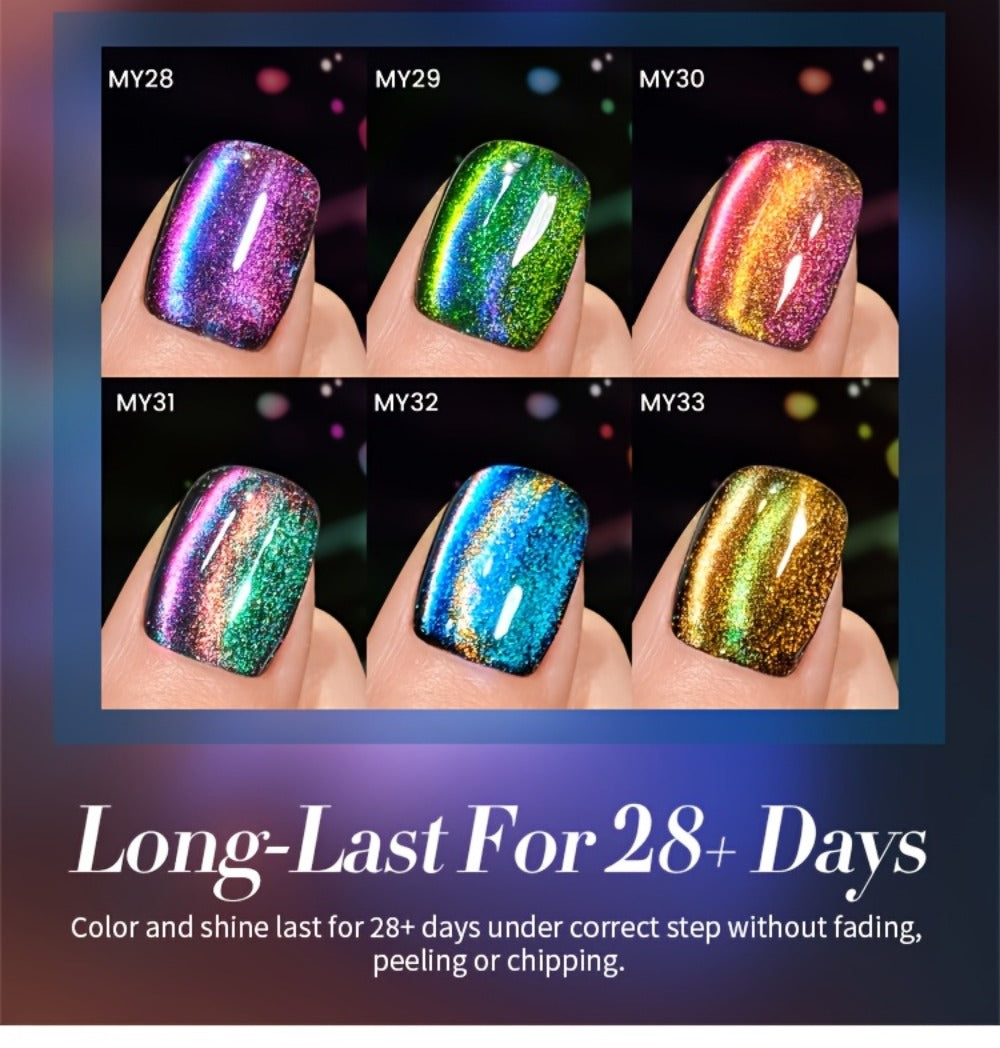 Cat Eye Magnetic Gel Nail Polish 6 Colors — 9D Polaris Glass Water Light Effect, Semi-Permanent Soak Off LED Gel, 0.34oz Each | BORN PRETTY Nail Gel Set
