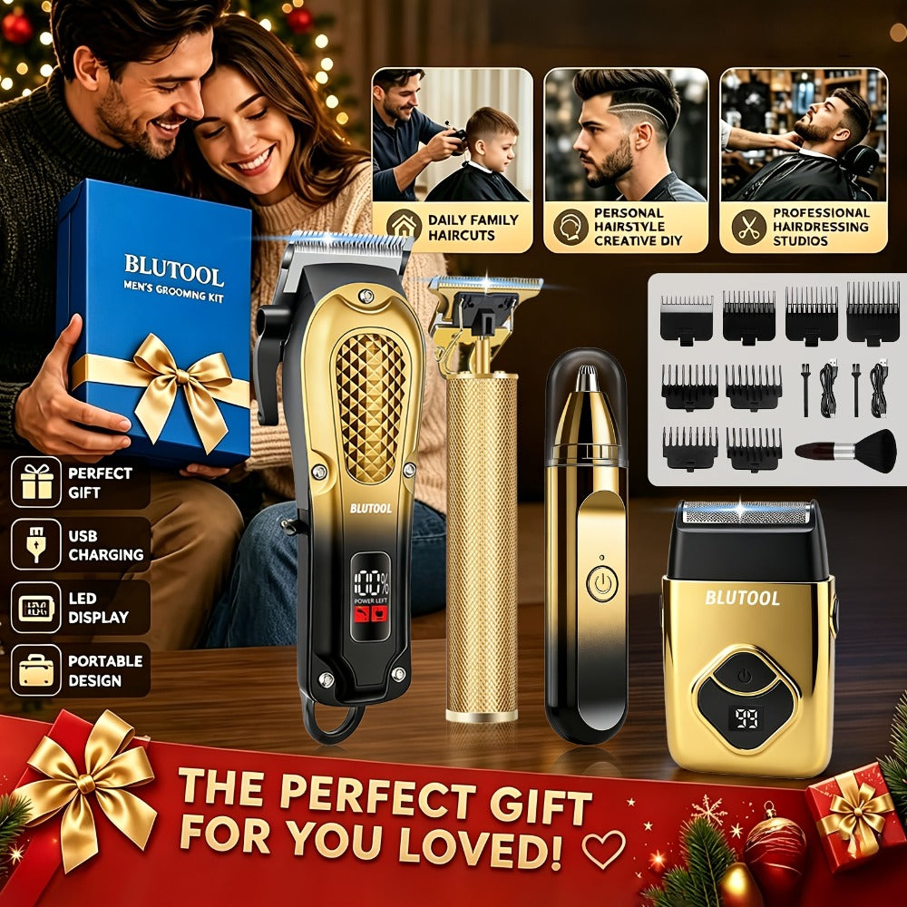 4-in-1 Cordless Men' Hair Clippers & Beard Trimmer with Electric Shaver & Nose Trimmer - Rechargeable Professional Hair Cutting System Suitable for Barbershop, Home Use, Gift for Dad, Husband, Birthday/Christmas Present - -in- Grooming Kit