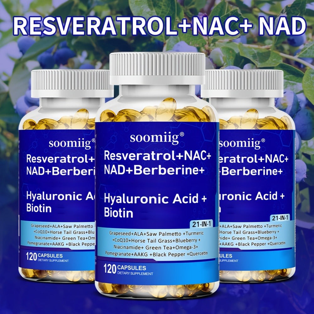 [120 Capsules] Resveratrol + NAC + NAD + Collagen Peptides + Hyaluronic Acid + Thiamine Supplement, Containing Saw Palmetto, Coenzyme Q10, Quercetin, Omega-3 And Black Pepper, Supports Mood, Hair, Nail And Eye Health, 120 Capsules (Optional 1/2/3 Bottles)