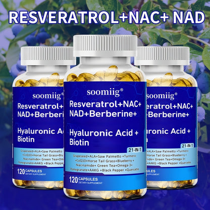 Resveratrol Supplement with NAC NAD Collagen Peptides Hyaluronic Acid – Supports Mood, Hair, Nail & Eye Health | 120 Capsules with Saw Palmetto CoQ10 Quercetin Omega-3 Thiamine Black Pepper