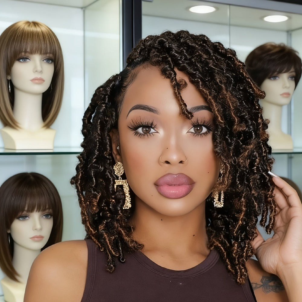 Faux Locs Wig with Headband Goddess Dreadlock Braided Wig Curly Ends Synthetic Heat Resistant Rose Net Cap Glueless No Lace Protective Style Black Dark Brown Purple 12 Inch Women