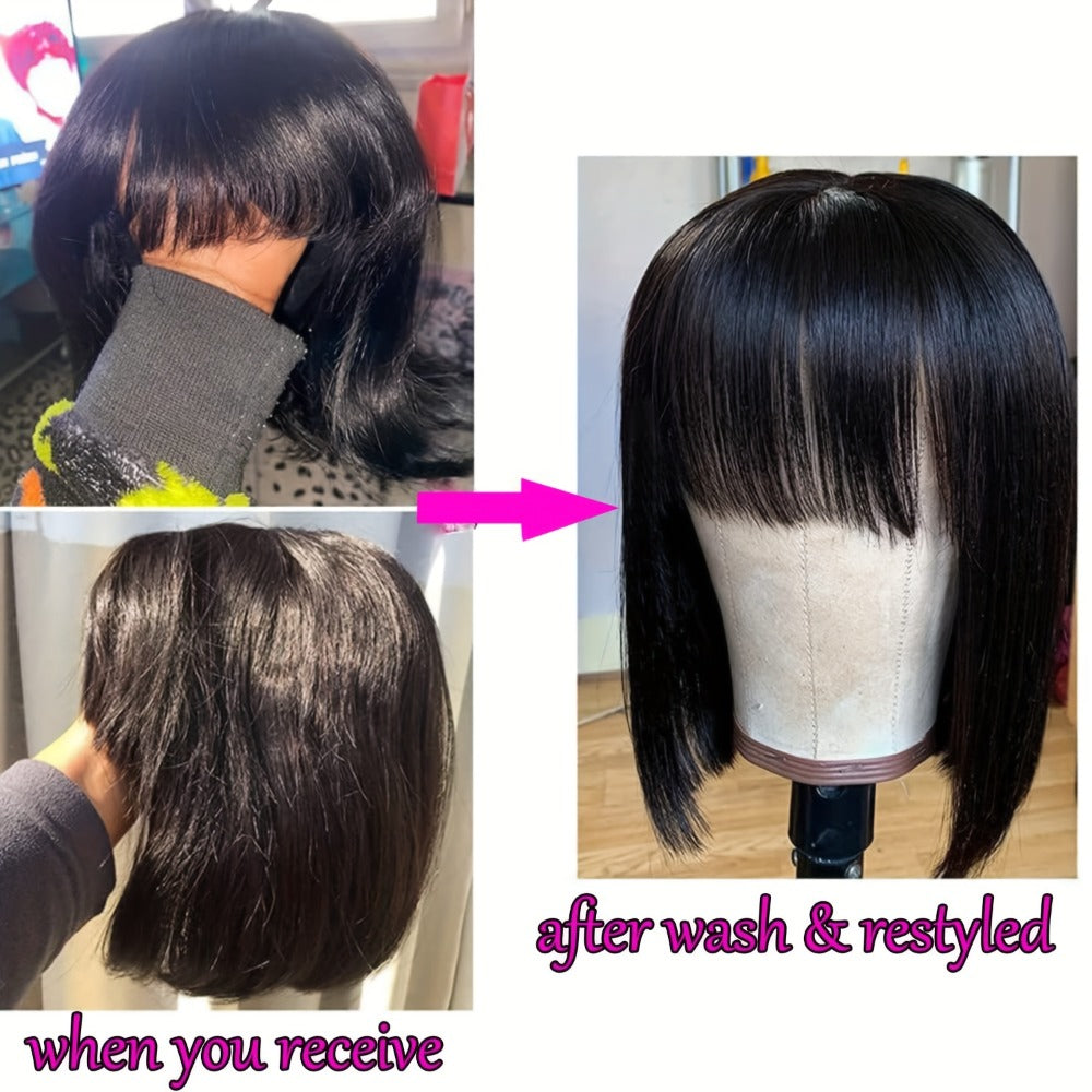Human Hair Wig with Bangs 250% Density Straight Wig for Women Full Machine Made Wig Natural Black Rose Net Cap Daily Wear Party Festival 10-18 Inch