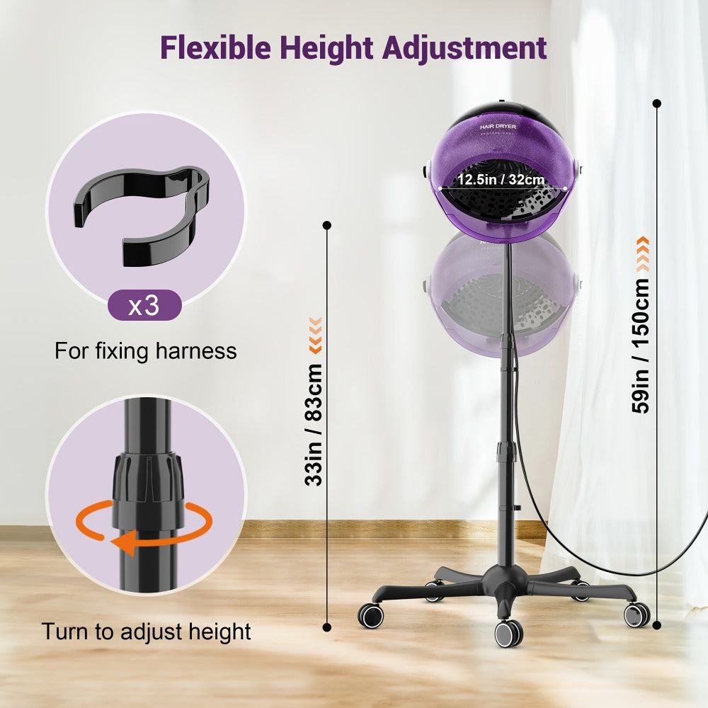 Standing Hooded Hair Dryer 1875W — Professional Ionic Floor-Standing Hood Dryer for Salon, Adjustable Height, Deep Conditioning, Natural Hair, 4 Colors