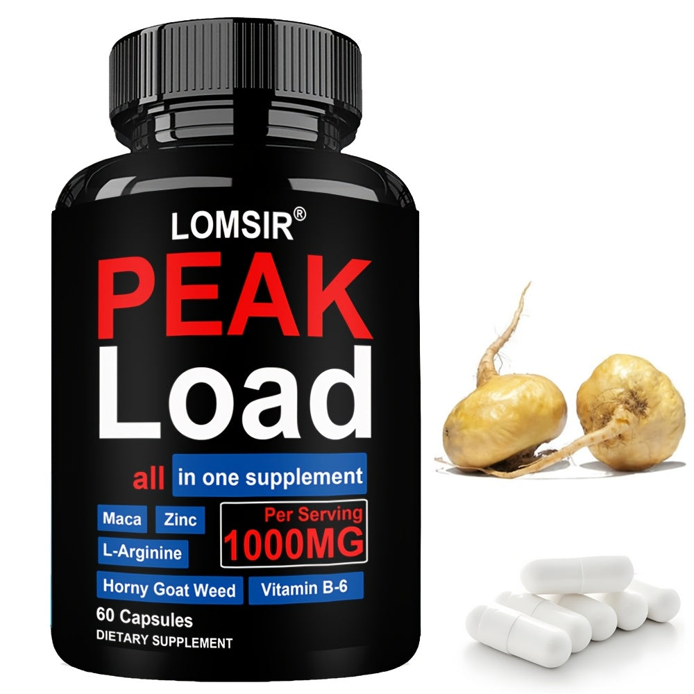 LOMSIR PEAK Load Capsules - 7-in-1 Botanical & Nutrient Complex with L-Arginine, Zinc & Vitamin B6, 1000mg Per Serving, 60 Capsules
