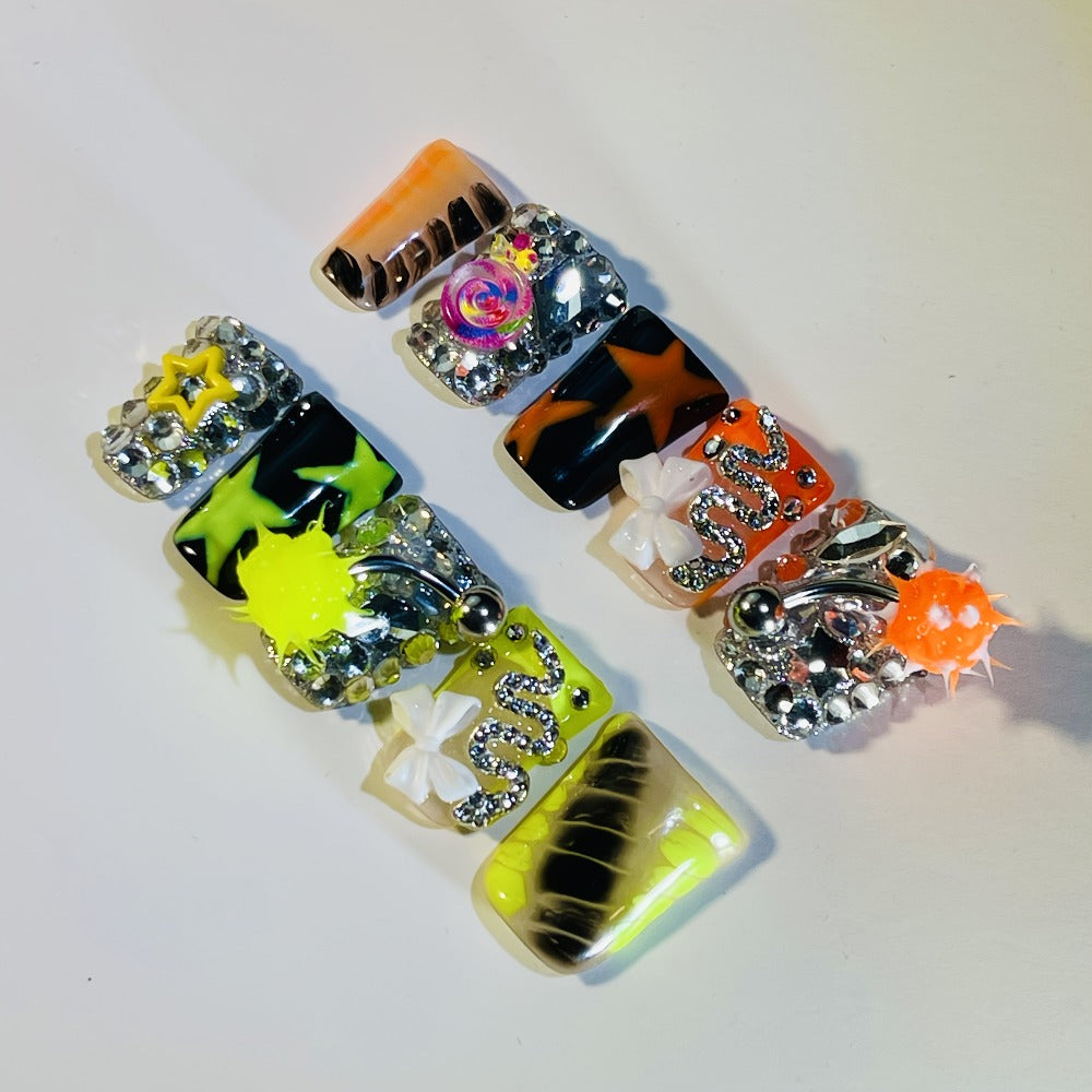 Y2K Piercing Charm Press on Nails Handmade Duck Nail with Nightmare Eye And Barbell 3D Nail Charms, Rhinestone Nails For, Trendy Party Nail Art
