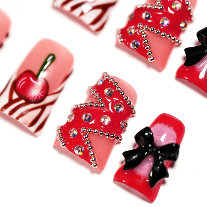Acrylic Press On Nails Duckbill Short – 3D Red Lips, Skull, Cherry & Bow Rhinestone | Zebra Stripe Polka Dot Sweet Cool Nail Art for Party & Daily Wear, 10pcs S/M/L