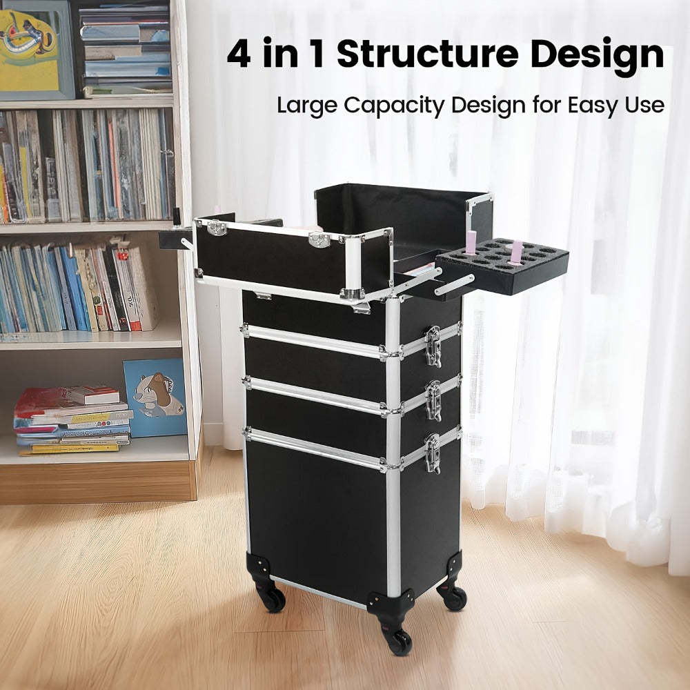 Black 4-In-1 Rolling Makeup Train Case with Makeup Sponges Set, Portable Cosmetic Trolley with Ample Storage for Professionals, Features 360° Swivel Wheels, Ideal for Salon And Travel Use