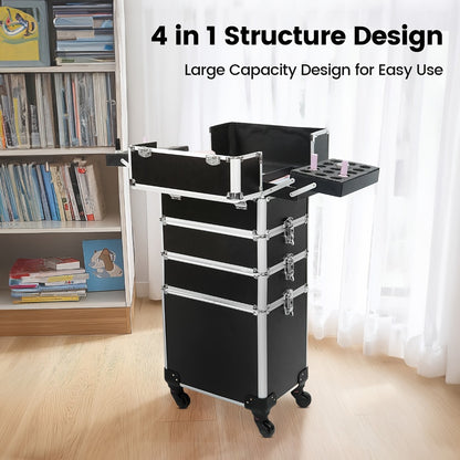 Cosmetic Trolley 4-in-1 Rolling Makeup Train Case Black - Large Professional Makeup Organizer with 360° Swivel Wheels Makeup Sponges Set Salon Travel Storage