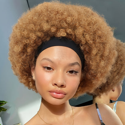 Afro Curly Headband Wig for Women — Short Kinky Curly Synthetic Wig 180% Density, No Lace No Glue, Attached Headband, Heat Resistant, Colors 1B 4# Ombre Honey Blonde