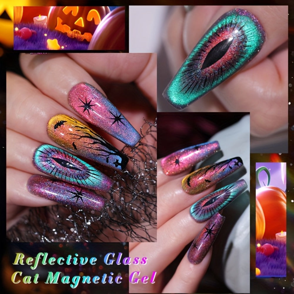 BORN PRETTY 0.34oz 6pcs Double Light Reflective Glass Cat Magnetic Gel Polish for Halloween Party Sparkling Rainbow Color Gel Soak Off