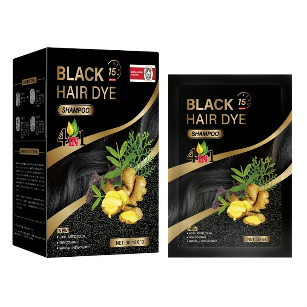 Hair Dye Shampoo 3-in-1 Portable Sachets Box of 10 Packs - Natural Hair Color, Deep Cleansing, Grey Coverage, Travel-Friendly Individual Packaging for Men & Women, Black Dark Brown Chestnut Coffee
