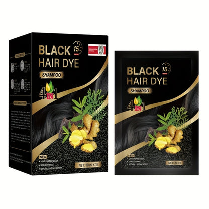 Hair Dye Shampoo 3-in-1 Portable Sachets Box of 10 Packs - Natural Hair Color, Deep Cleansing, Grey Coverage, Travel-Friendly Individual Packaging for Men & Women, Black Dark Brown Chestnut Coffee