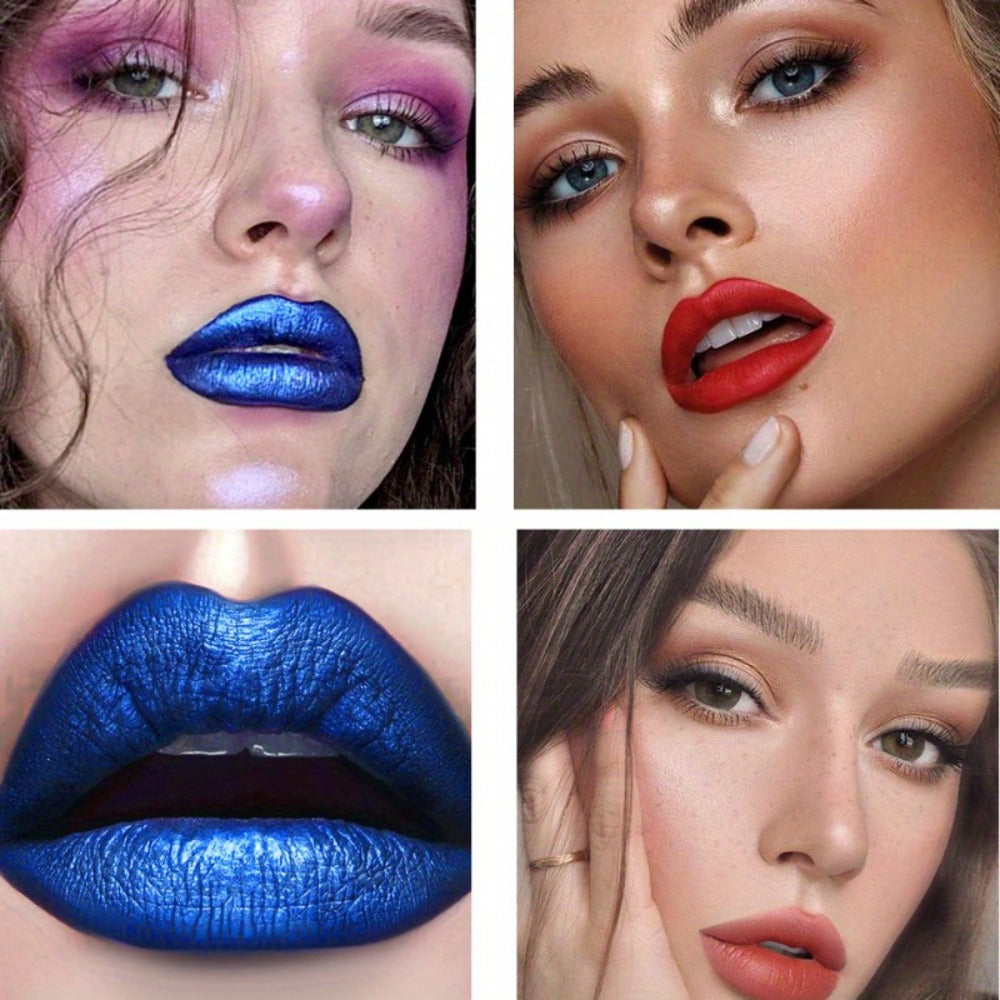 Lip Stain Set 6 Colors Matte Velvet Waterproof Smudge-Proof Long Lasting Lip Gloss Metallic Blue Cobalt Shades Vegan Hypoallergenic All Skin Tones