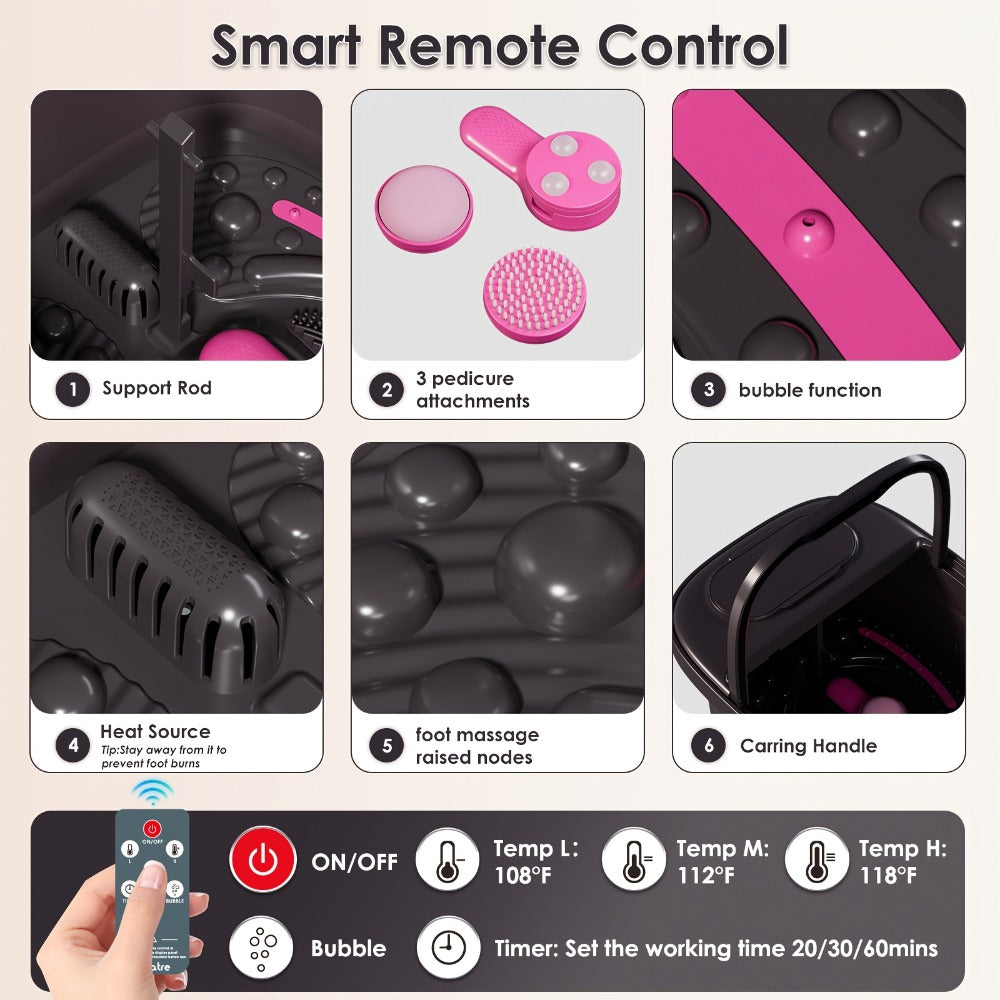 Remote Temperature Control Collapsible Foot Spa. Foot Bath with Heat, Bubble And Massager, Foot Spa Tub with 3 Pedicure Attachments, Foot Soak Tub with Handle. Best Gift for Women Or Mon. Best Mothers Day Gifts