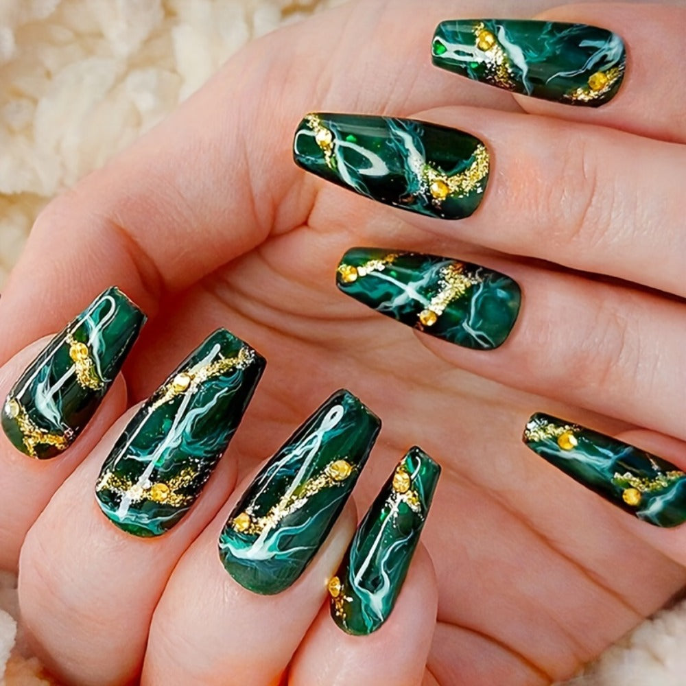144pcs Coffin Press On Nails Medium Length Fake Nails Artificial False Nails with Blue Marble & Sequins Designs Glossy Acrylic Nails Nude Full Cover Glue On Nails for Women 6pcs