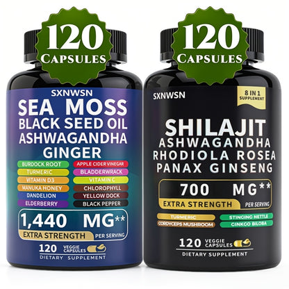 Sea Moss Shilajit Capsules with Black Seed Oil Ashwagandha Ginger Rhodiola Rosea Panax Ginseng Energy Immunity Adaptogen Supplement 240 or 480 Capsules