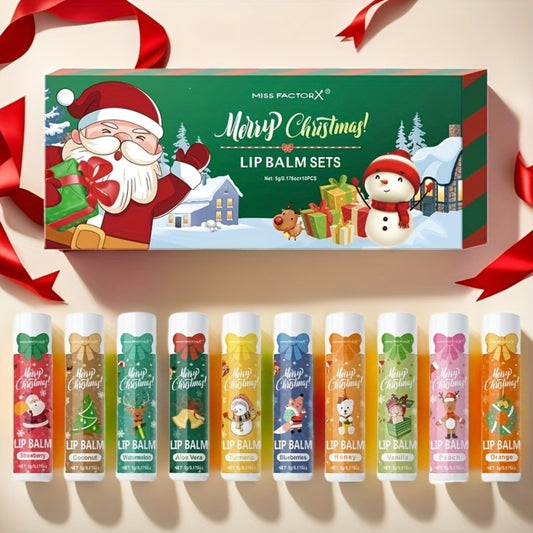 MISS FACTORX 10-Pack Christmas Lip Balm Collection, Moisturizing Lip, Natural Look, Suitable for All Adults, Compatible with All Skin Types, Enriched with Vitamin E, Perfect for Holiday And Valentine'S Day Gifts