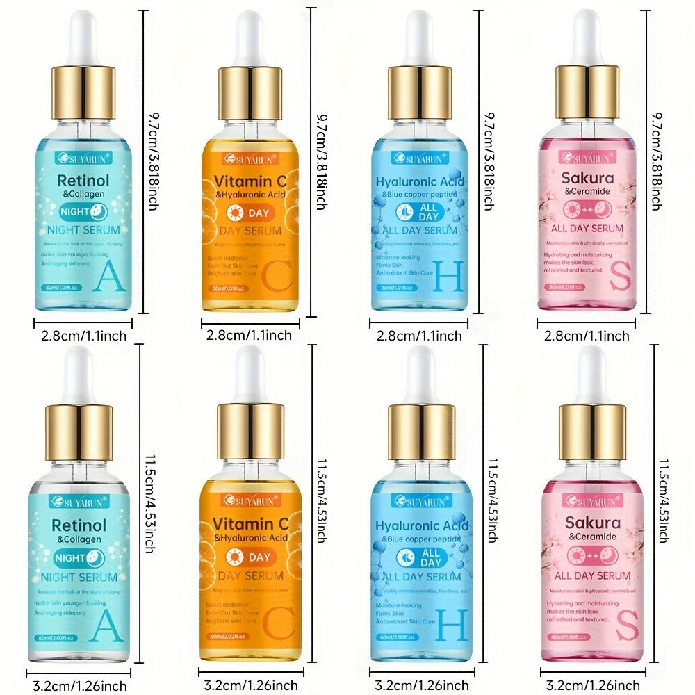 SUYARUN 4pcs Day And Night Vitamin C Retinol Hyaluronic Acid Cherry Blossom Ceramide Serum Set, with Collagen Aloe And Niacinamide, Brightens Light Beige, Firms Skin, Deeply Hydrates And Evens Light Beige. Unisex. Nourishing And Moisturizing