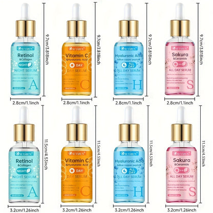 4-Piece Day & Night Serum Set with Vitamin C Retinol Hyaluronic Acid Ceramide - Brightening Firming Deep Hydration Niacinamide Collagen Aloe Unisex