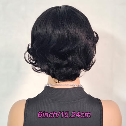 Pixie Cut Wig Human Hair with Bangs — Glueless Short Brazilian Layered Machine Made Throw-On-and-Go Hairpiece, Natural Black & Brown Colors for Women Daily Wear