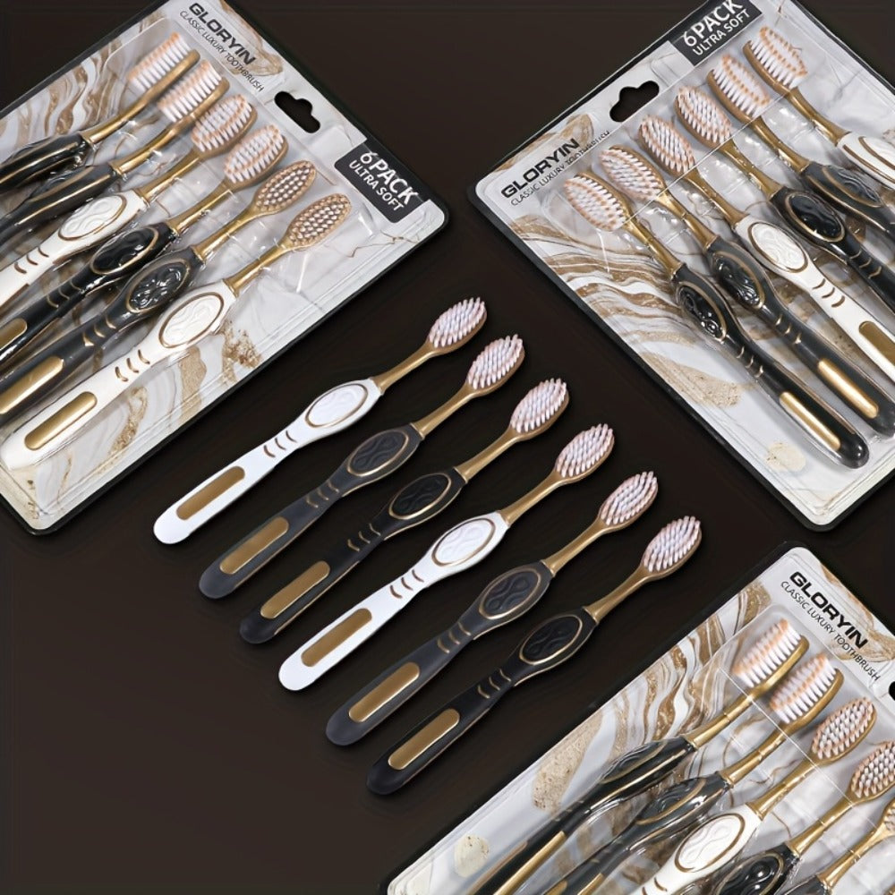 GLORYIN [6pcs Travel Set] [6pcs Travel Set X 2] White Platinum Series Olive-shaped Anti-slip Handle Travel Essential Household, Adult, Couple, Soft Bristle Toothbrush.