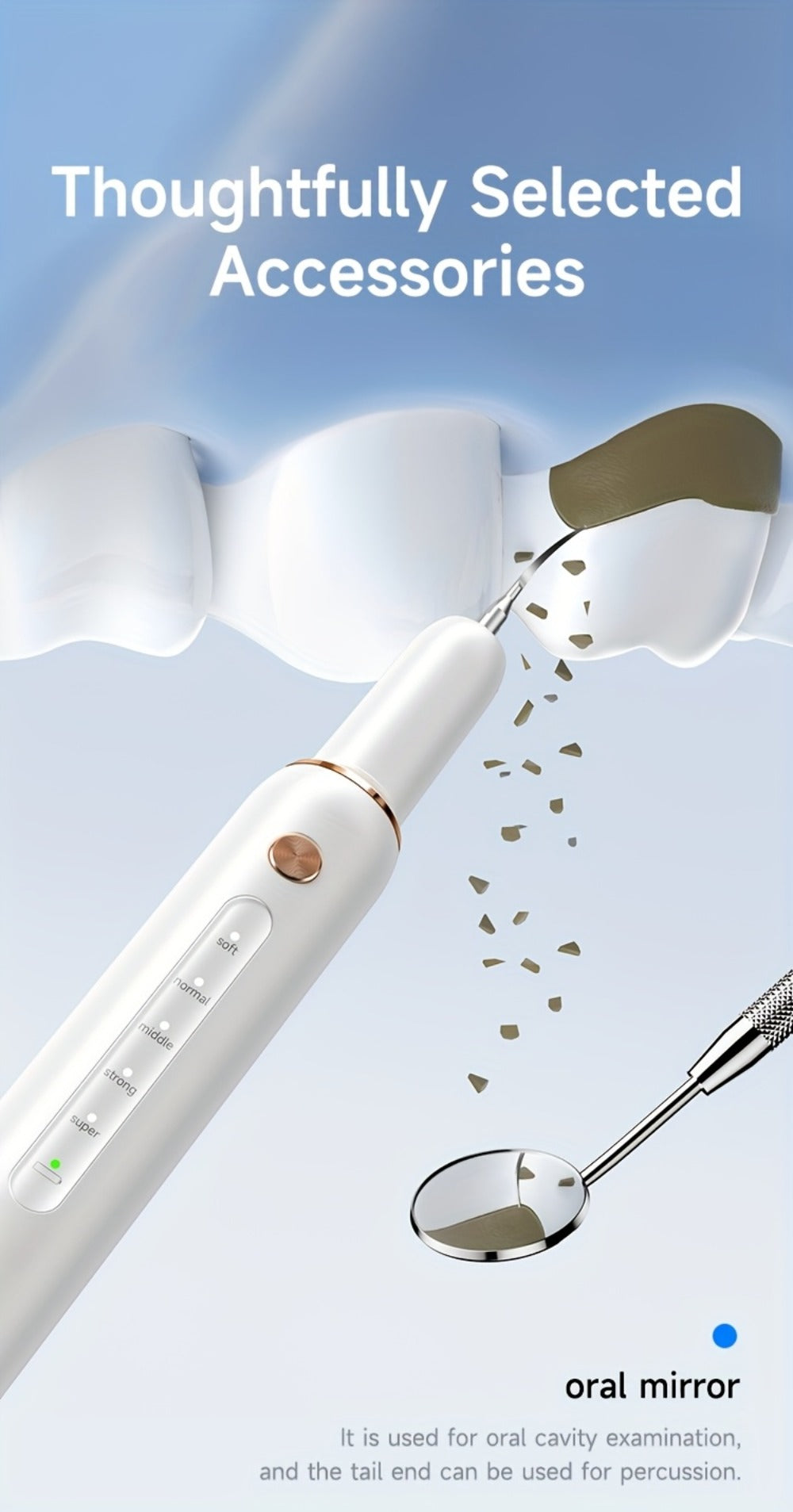 Rechargeable Tooth Cleaner with 5 Speed Modes, IPX6 Splash-Resistant, USB Charging, Mirror And 2 Interchangeable Tips, Tartar Cleaner for Clearing Gaps, Dental Cleaner with LED Light, Dental Cleaner for Stains And Tartar Removal