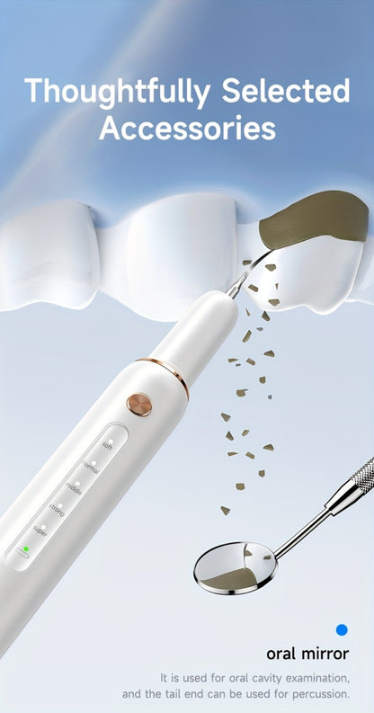 Electric Tooth Cleaner 5-Speed Ultrasonic Tartar Remover USB Rechargeable IPX6 Waterproof Dental Scaler with LED Light Mirror 2 Tips Plaque Stain Removal Tool for Home Oral Care