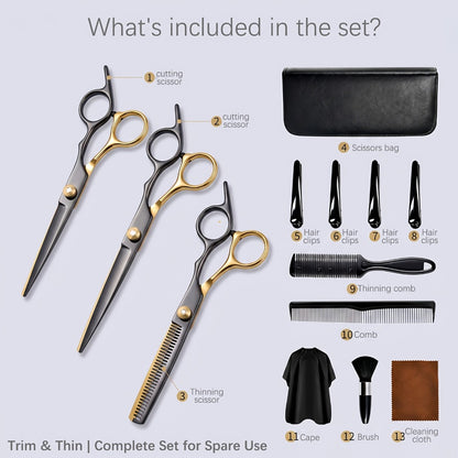 Hair Cutting Scissors Kit 13 Pcs - Professional Barber Shears Set with Thinning Shears, Blending Scissors & Accessories for Salon, Men & Women Home Haircut