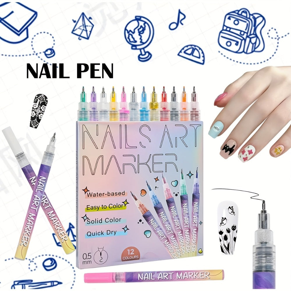 1set Nail Doodle Pen, 12-color Acrylic Paint Pen, Nail Paint Quick Drying Dot Stitching Pen, Precision 3D Doodle Nail Art Pen, Nail Art Pen Set, Quick Drying, Suitable For Home And Salon, Professional Details And Long-lasting Design